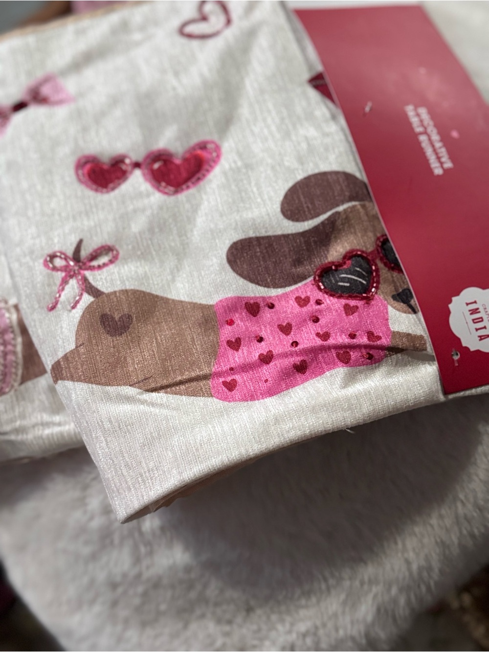 Cute Dachshund Print Kitchen Towel - Pink & Brown Hearts